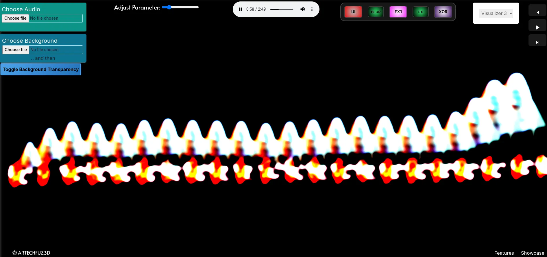 A screenshot of https://astronomical-audio-visualisers.artechfuz3d.xyz/visualiser